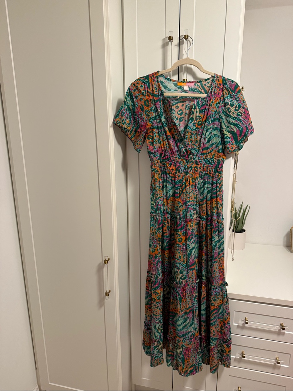 Printed V-Neck Maxi Dress in Teal, Pink & Orange
